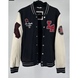 Hollister LA Varsity Jacket Medium Black White Red Embroidered Patches Unisex